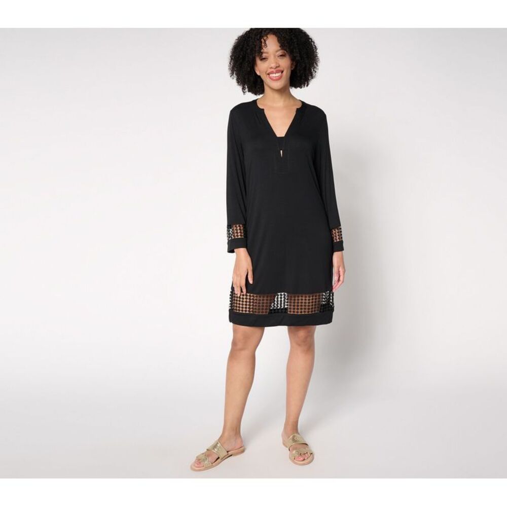 Susan Graver Women's Plus Sz Dress 1X Soleil Printed Lace Trim Black A683082